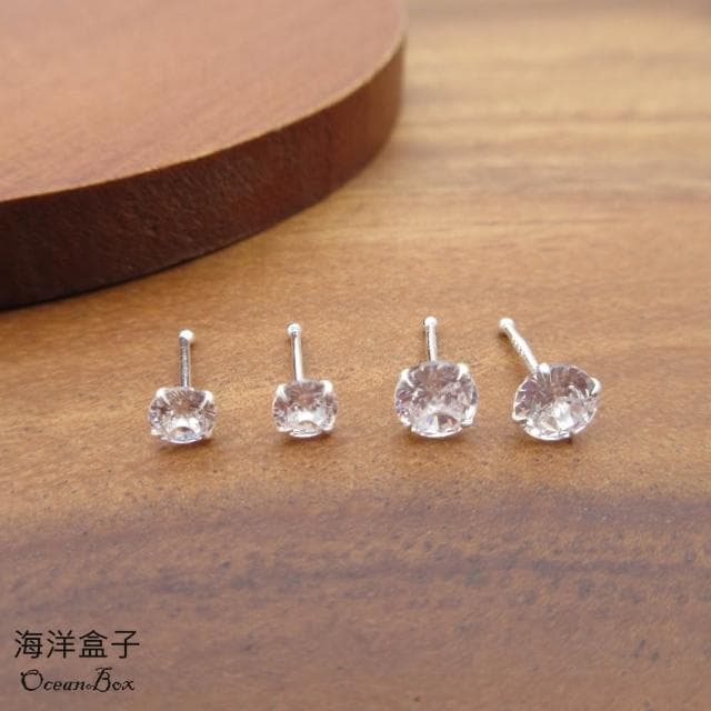 【海洋盒子】4mm/5mm。簡約亮眼百搭圓鋯S999純銀耳環.免後扣.貼耳耳環