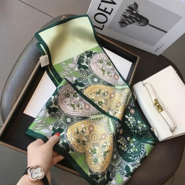 梵花 百搭綠色叢林模擬絲絲巾女長條領巾綁包包飄帶細窄圍巾