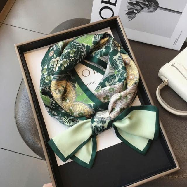 梵花 百搭綠色叢林模擬絲絲巾女長條領巾綁包包飄帶細窄圍巾