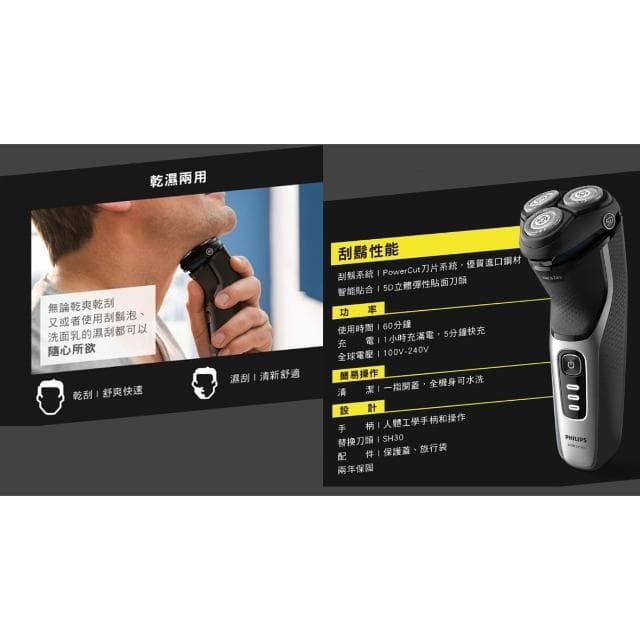 【Philips 飛利浦】S3241經典系列三刀頭電鬍刀