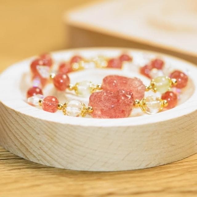  現貨4條 ｜設計款｜天然草莓晶貔貅水晶手鍊 咬錢(開源)、守財(節流)，聚財納福