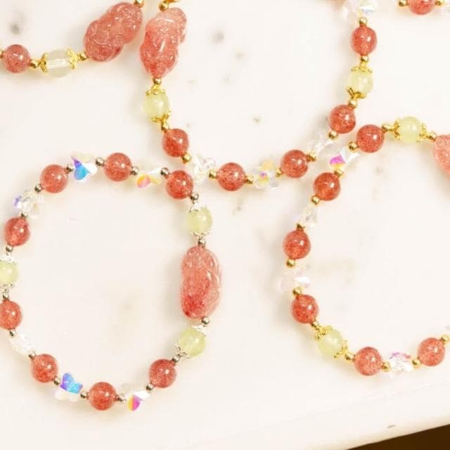  現貨4條 ｜設計款｜天然草莓晶貔貅水晶手鍊 咬錢(開源)、守財(節流)，聚財納福