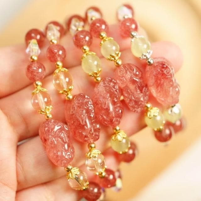  現貨4條 ｜設計款｜天然草莓晶貔貅水晶手鍊 咬錢(開源)、守財(節流)，聚財納福