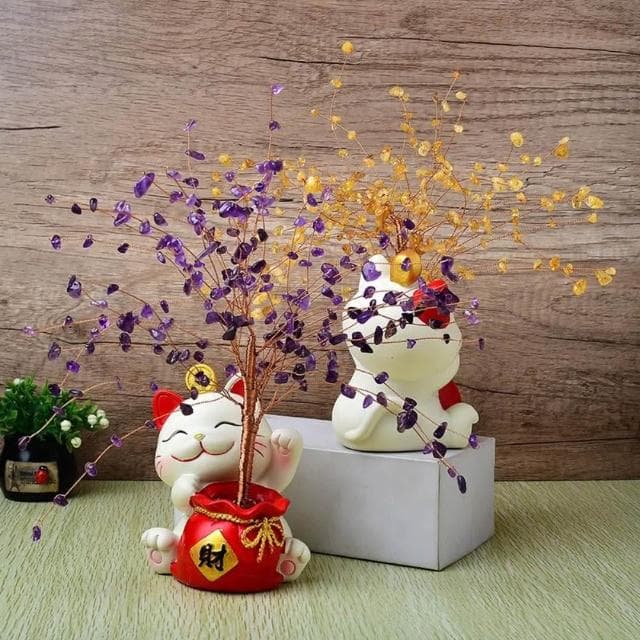 【A&R】開運水晶樹 招財貓貓福袋款(紫水晶 黃水晶 開業 喬遷 風水 搖錢樹 招桃花 好人緣 聚財 交換禮物)