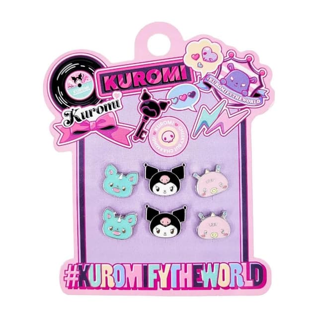 Vintage+。復古家。日本 酷洛米 。Kuromi 銀色 亞鉛合金 耳針 耳釘 耳環 (6入共3對耳環/特價)