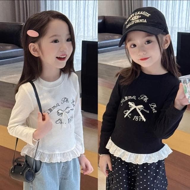 【Arbea】【Arbea】女童長袖T恤衫春夏新款女兒蕾絲拼接洋氣百搭圓領上衣童裝【C1242】