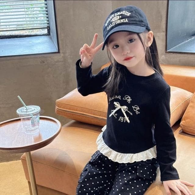 【Arbea】【Arbea】女童長袖T恤衫春夏新款女兒蕾絲拼接洋氣百搭圓領上衣童裝【C1242】