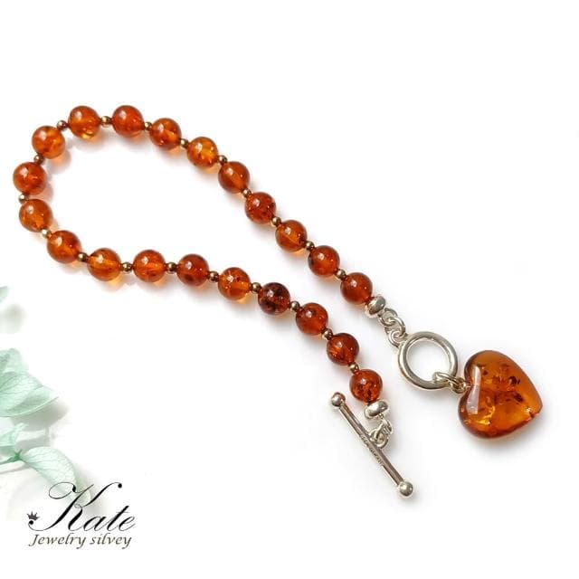 【KATE】銀飾 優雅愛心波蘭天然琥珀純銀手鍊 T扣設計 愛心手鍊 波羅的海琥珀 安神定魄 生日禮物情人禮物