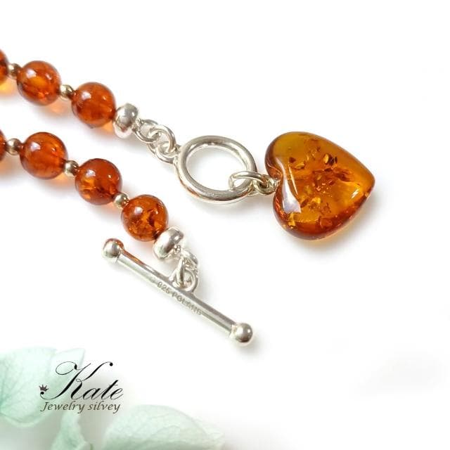 【KATE】銀飾 優雅愛心波蘭天然琥珀純銀手鍊 T扣設計 愛心手鍊 波羅的海琥珀 安神定魄 生日禮物情人禮物