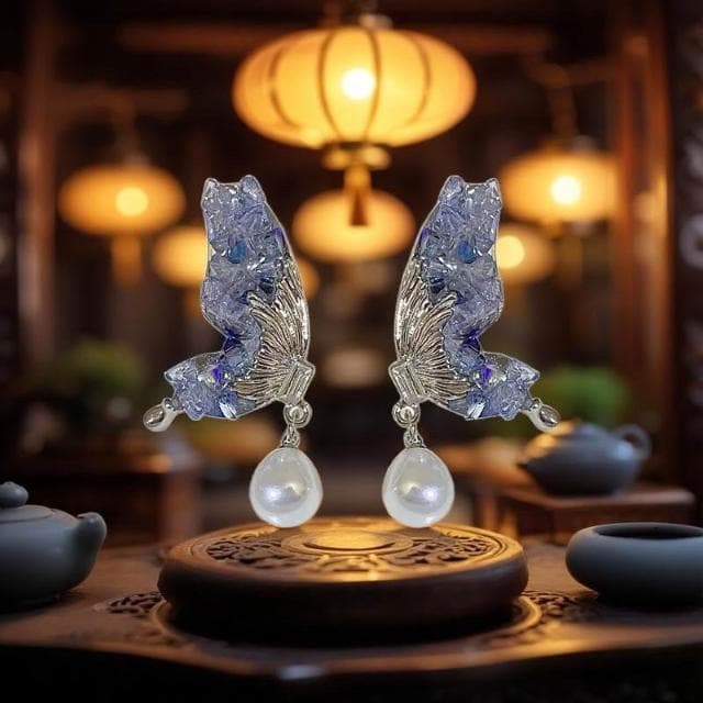 {遇見臻品}BG404漸層藍色碎鑽蝴蝶耳環滿鑽蝴蝶耳環閃鑽誇張耳飾耳環潮蝴蝶翅膀耳環ins耳環超仙復古森系鏤空蝴蝶耳環