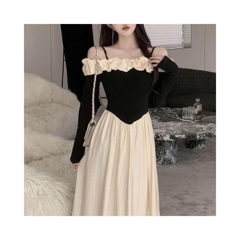 連衣裙女長裙吊帶裙女赫本風一字領拼接撞色吊帶連衣裙女2025春秋季新款法式修身收腰氣質長裙洋裝裙子生日小禮服約會氣質長裙