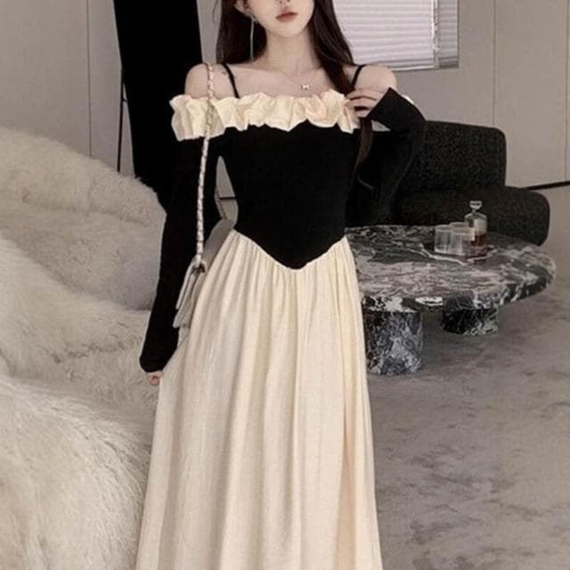 連衣裙女長裙吊帶裙女赫本風一字領拼接撞色吊帶連衣裙女2025春秋季新款法式修身收腰氣質長裙洋裝裙子生日小禮服約會氣質長裙