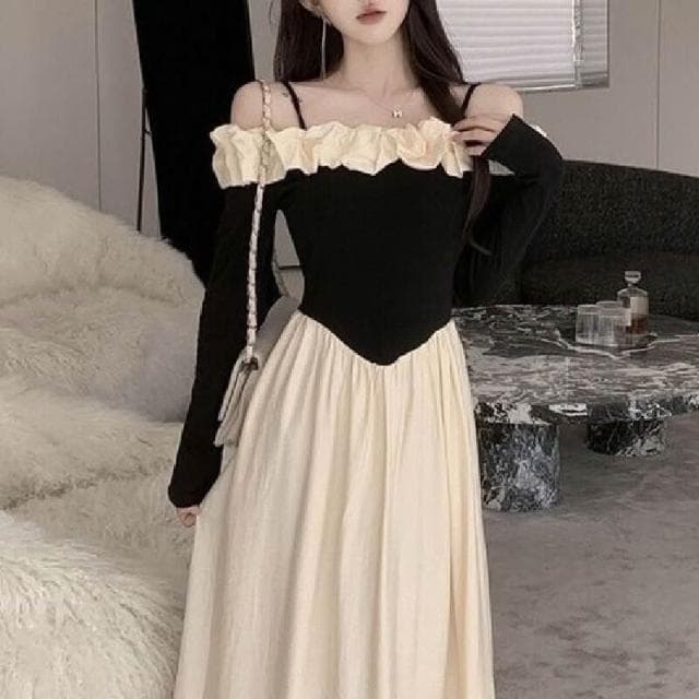 連衣裙女長裙吊帶裙女赫本風一字領拼接撞色吊帶連衣裙女2025春秋季新款法式修身收腰氣質長裙洋裝裙子生日小禮服約會氣質長裙