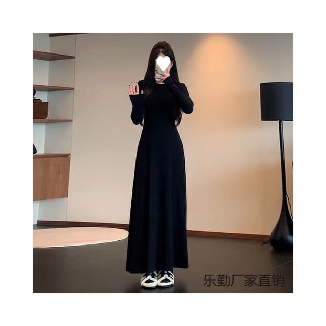 連衣裙女長裙洋裝裙子法式長袖圓領黑色連衣裙子女春秋季2025新款A字裙氣質內搭打底長裙約會生日氣質高級感收腰長款裙子女