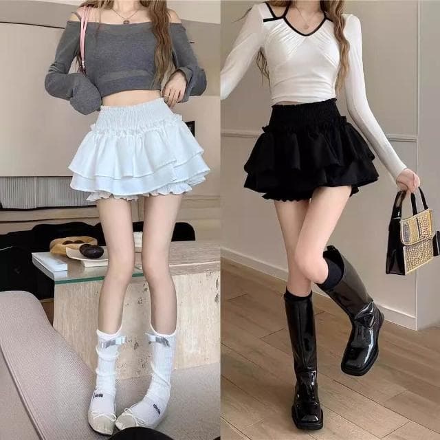 半身裙女短裙蓬蓬裙黑色褶皺半身裙女2025夏季新款芭蕾風蛋糕裙子高腰顯瘦a字裙防走光短褲裙洋裝裙子女約會生日氣質短裙女 