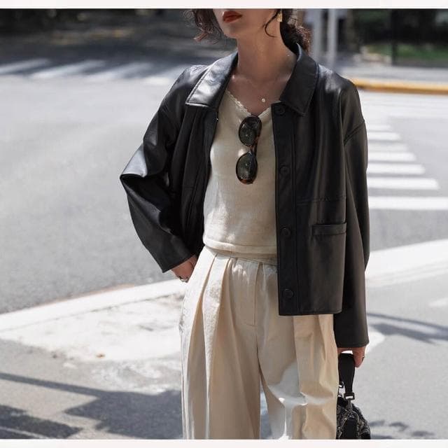 法式黑色皮衣女寬松短款小個子皮夾克外套女 翻領皮夾克外套大衣 純色寬鬆外套上衣開衫 法式通勤氣質優雅風外搭 七夕生日禮物