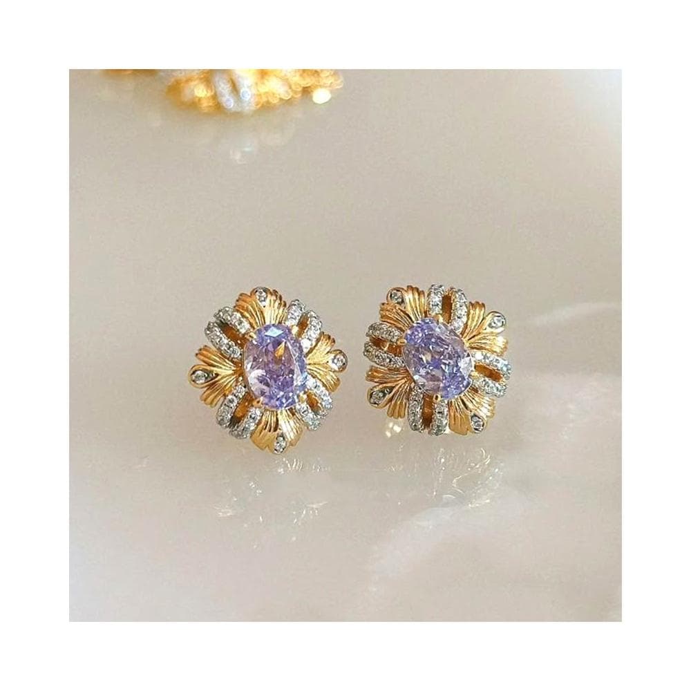 紫荊花緞帶耳釘 耳環 耳針 耳飾 鋯石 復古 滿鑽 氣質百搭 套裝 套組