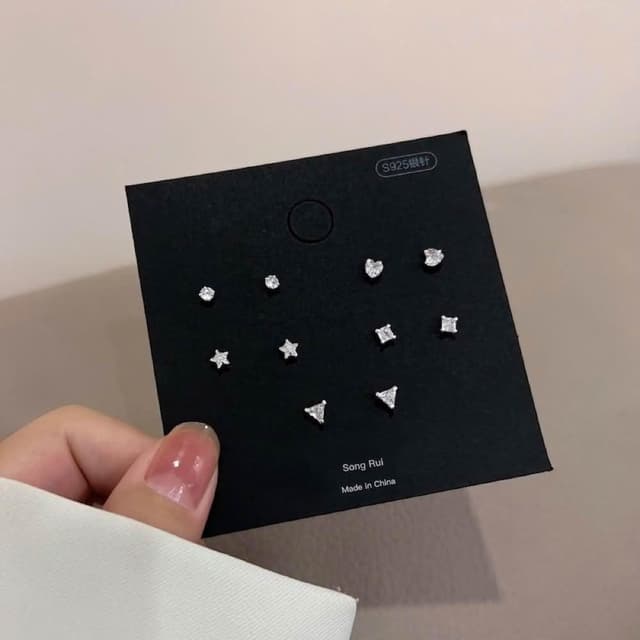 S925銀針超閃愛心五角星鑽石5對套組(S925、銀針、鑽石、套組、耳針、耳釘)