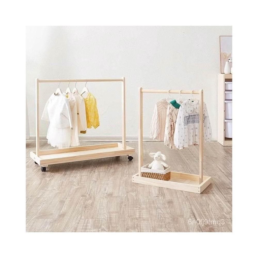 衣架輪滑收納落地式放衣服架子嬰兒實木儲物掛衣架
