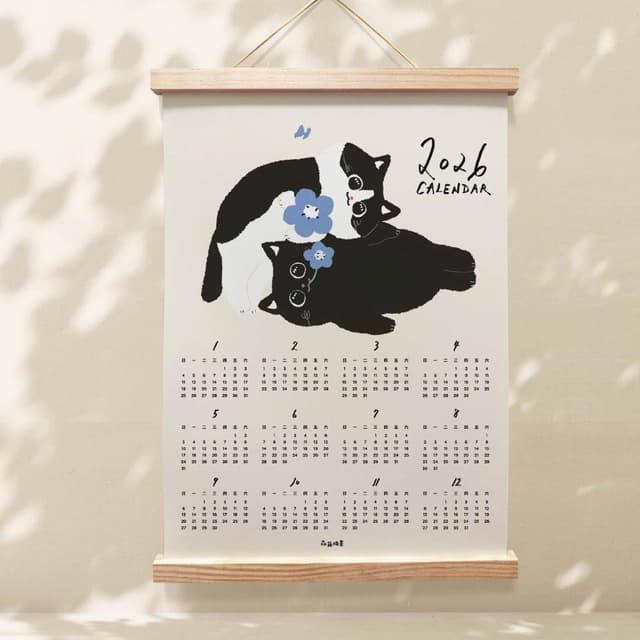 森蕗插畫🌲新款🌲 2026年曆黑貓賓士叼花掛曆海報 臥室裝飾牆壁裝飾牆面裝飾居家裝飾房間裝飾交換禮物朋友生日禮物
