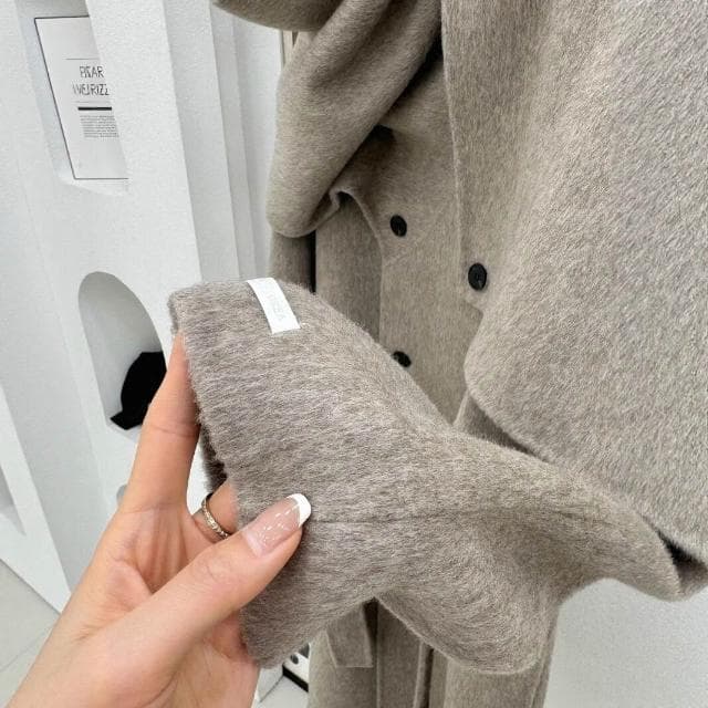 秋冬走秀設計圍巾款雙面羊毛大衣雙排扣輕奢長款外套25年女