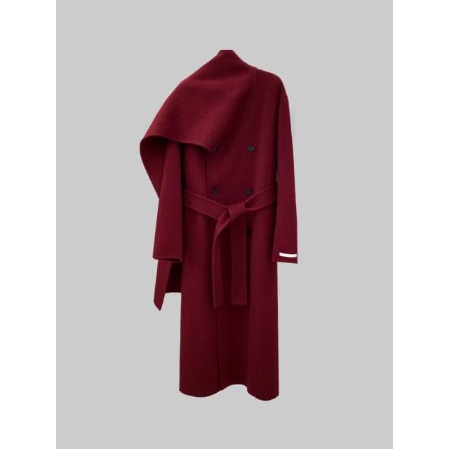 秋冬走秀設計圍巾款雙面羊毛大衣雙排扣輕奢長款外套25年女