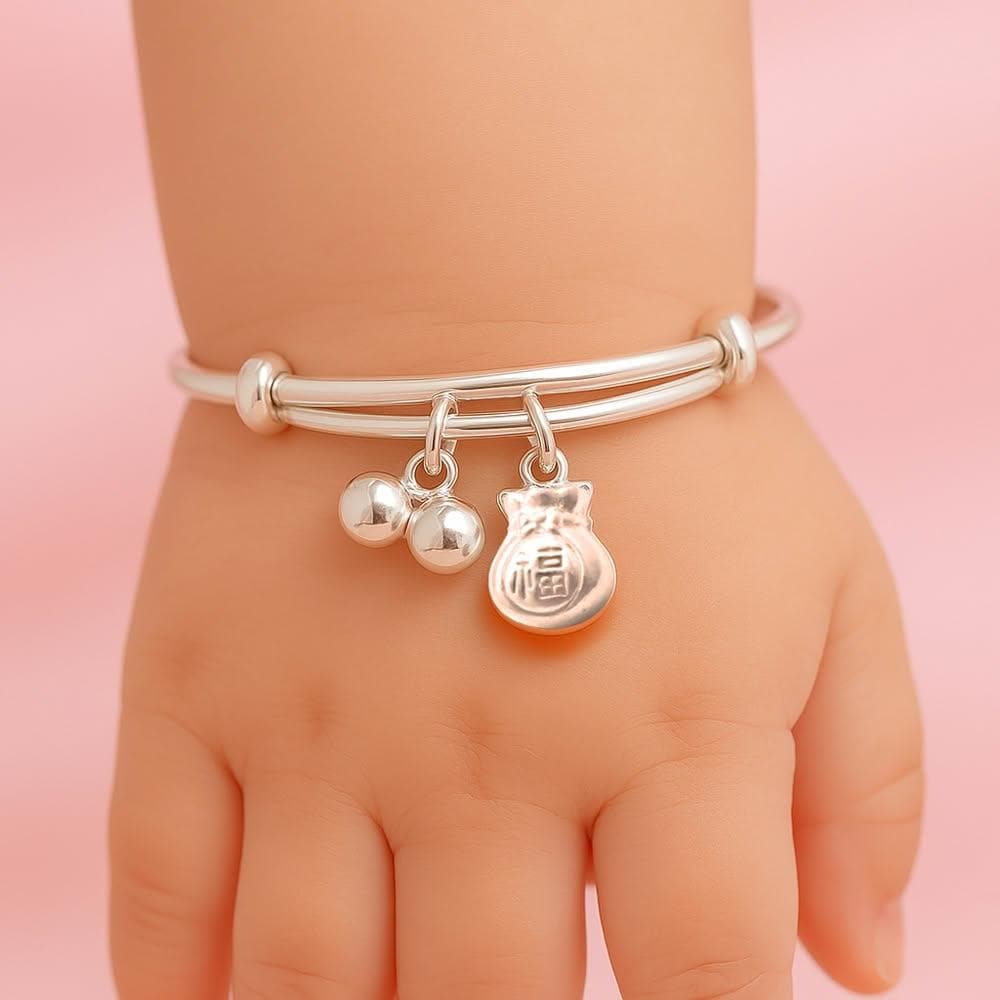 【珠兒綠】999純銀 福袋搖鈴祝福手鐲 純銀手鐲手鍊 彌月禮物 寶寶手鐲 親子手鐲 開運 交換禮物 聖誕禮物