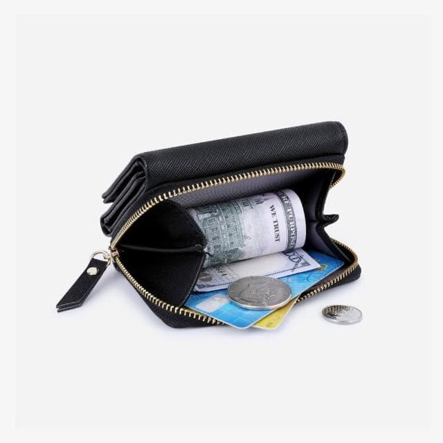 【MoodRiver】皮夾 PU 零錢包 錢包 短夾 女生包包 拉鍊短夾 三折 十字紋 防刮 卡夾 女用錢包