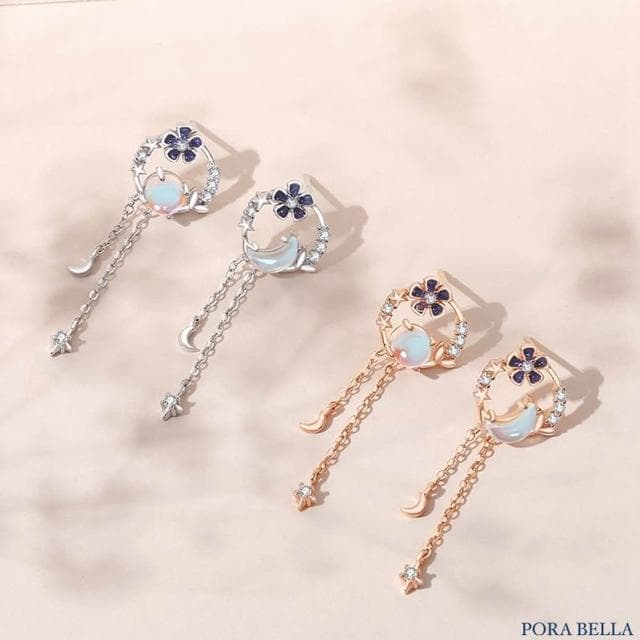 【Porabella】925純銀 月光石耳釘｜花朵 月亮 流蘇設計 穿洞式耳飾｜ 穩定情緒 戀人之石不對襯耳環｜精美包裝