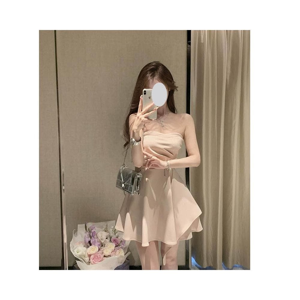 新款生日小禮服溫柔風粉色不規則下擺收腰性感短裙抹胸連衣裙女