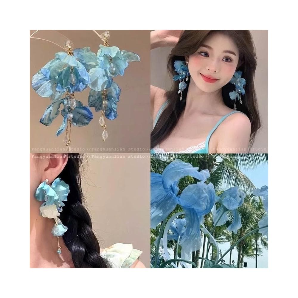 耳環夏天暮光冰萃藍花朵流蘇耳環女海邊度假風誇張耳釘絕美耳飾不過敏看不膩超閃耳環耳飾飾品不褪色百搭禮物輕盈精緻輕奢高級韓國