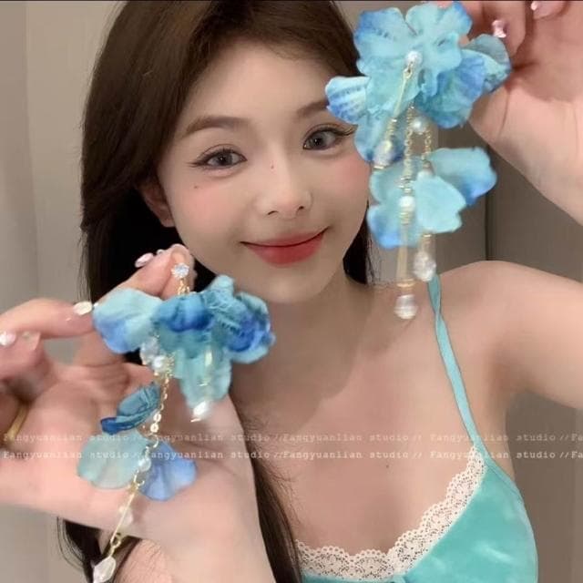 耳環夏天暮光冰萃藍花朵流蘇耳環女海邊度假風誇張耳釘絕美耳飾不過敏看不膩超閃耳環耳飾飾品不褪色百搭禮物輕盈精緻輕奢高級韓國