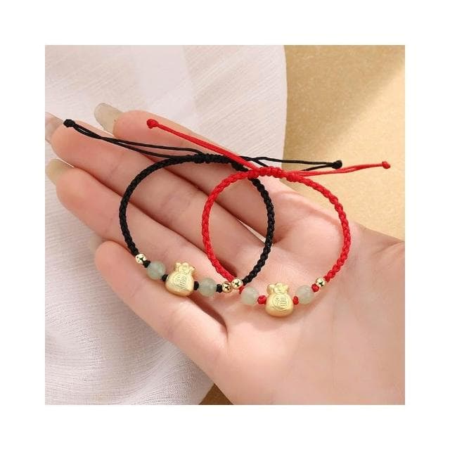 【開運堂】現貨 招財錢袋銅鍍金手工編織手繩招財平安中國風和田玉手飾小眾設計國潮情侶手鍊