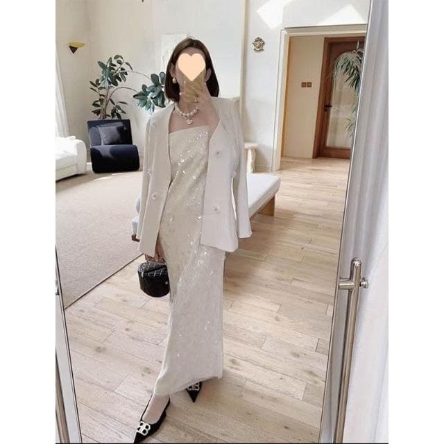 含税 法式小眾吊帶亮片禮服套裝連衣裙高級質感聚會氣質生日派對中長裙