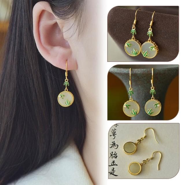 【MoonDy】竹葉琺瑯耳飾 鈎型耳環 和田玉耳環 純銀飾品 女生飾品 復古銀飾 吊墜耳環 新中式配飾