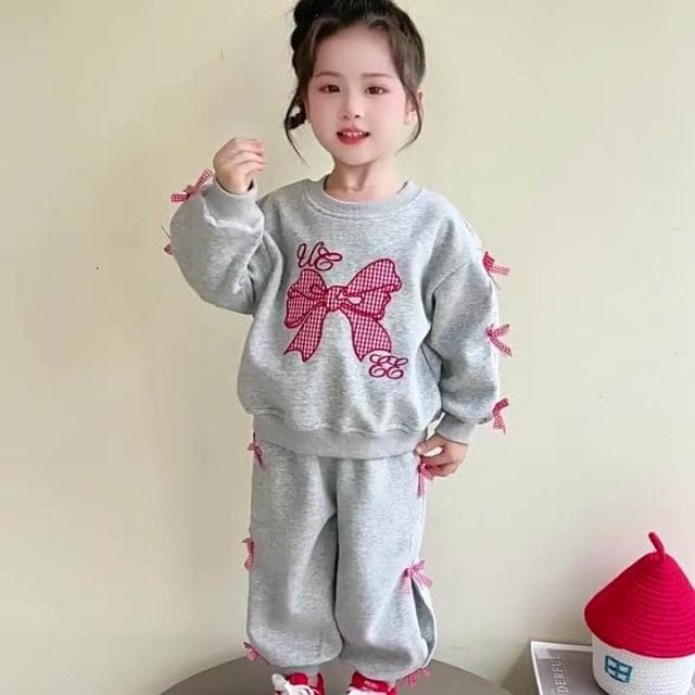 【Arbea】女寶寶春秋套裝新款兒童洋氣蝴蝶結衛衣甜美闊腿褲女孩兩件套【C1267】