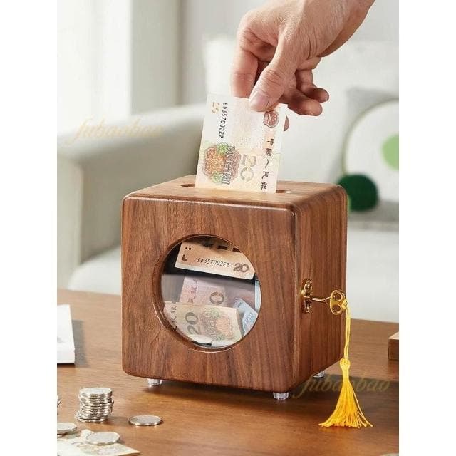 紙幣儲蓄罐 實木存錢箱 理財箱 中式存錢罐 零錢儲蓄罐 家居裝飾 創意擺件 帶鎖存錢罐 生日禮物 零