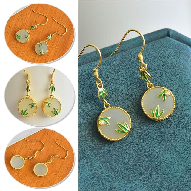 【KEDDY】和田玉-純銀材質-竹葉耳飾-琺瑯工藝-古風細節- 925銀飾-鈎扣耳飾-竹葉線條-微彎結構-天然玉石-中式耳飾