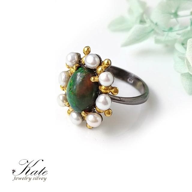 【KATE】銀飾 手工珠寶天然黑蛋白石珍珠純銀戒指 蛋白石戒指 十月生日石 澳寶戒指 #14生日禮物 情人禮物