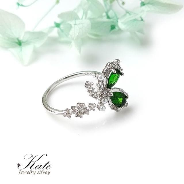 【KATE】銀飾 天然透輝石純銀戒指 翩飛蝴蝶 祖母綠姊妹石 鉻透輝石 活圍 綠色寶石戒指 生日禮物 情人禮物)