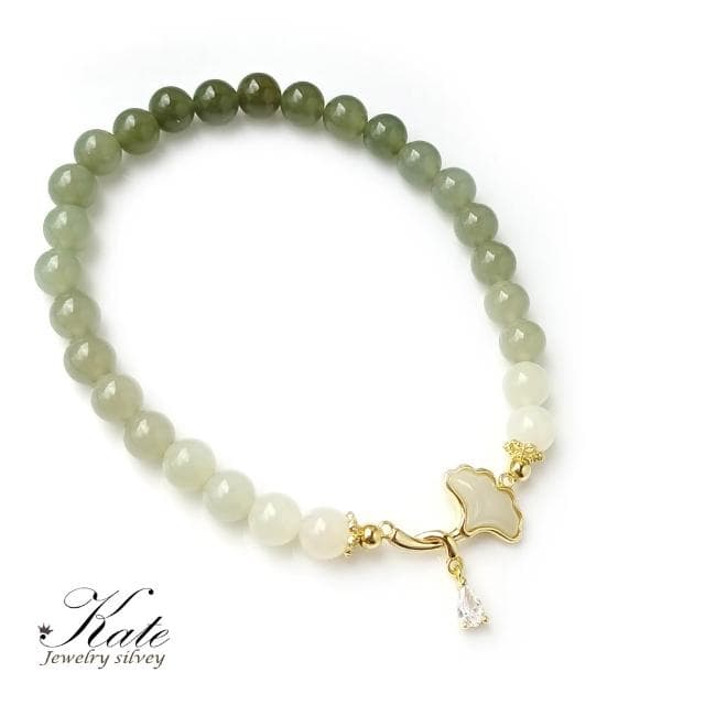 【KATE】銀飾 銀杏葉天然和闐玉純銀手珠 玉手環 玉潤冰晶 漸層和闐玉 和田玉 平安玉 玉手珠 生日禮物 情人禮物