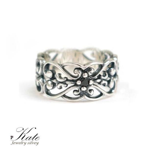 【KATE】銀飾 日系設計鳶尾花鏤空愛心純銀戒指 鳶尾花 鑲黑鑽 古典個性 做工精緻 生日禮物 情人禮物