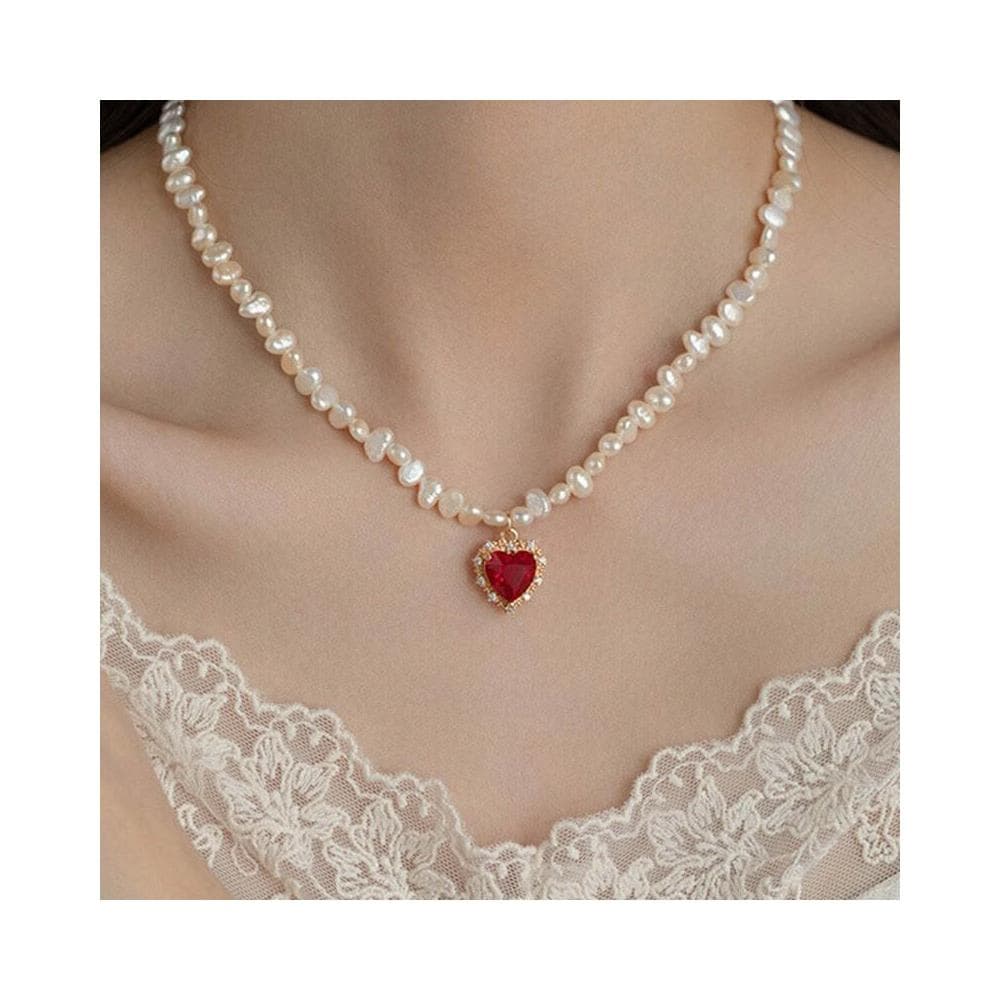 項鏈法式宮廷少女紅水鉆包邊愛心吊墜珍珠項鏈小眾設計鎖骨鏈 項鍊女珍珠項鍊時尚百搭吊墜項鍊長項鍊飾品毛衣鍊生日禮物