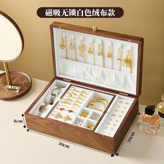 新品下殺 2025胡桃木首飾盒實木盒雙層新婚生日禮物木質小首飾收納盒