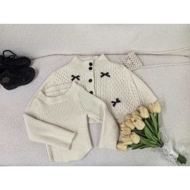 【Arbea】秋季女童韓版蝴蝶結斗篷毛衣兒童洋氣針織衫外套上衣童裝套裝【C1277】