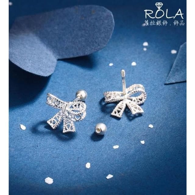 ROLA蘿拉銀飾.飾品 “現貨當天出” /一對價// 鏤空刻紋蝴蝶結999足銀旋轉螺旋圓珠轉珠鎖珠耳針耳環 蝴蝶結.