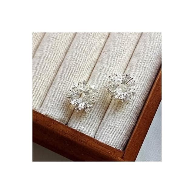 Miss Si【現貨速發】絢爛皓石珍珠煙花銀針圓形花朵耳環 璀璨煙花太陽花耳針 超閃精緻小眾輕奢風鋯石珍珠時尚高級感耳飾