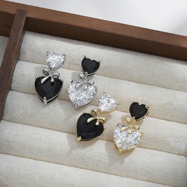 Miss Si【現貨速發】微鑲鑽石愛心耳釘 高級感蝴蝶結耳飾 輕奢愛心 吊墜耳環 愛心鑽石耳環