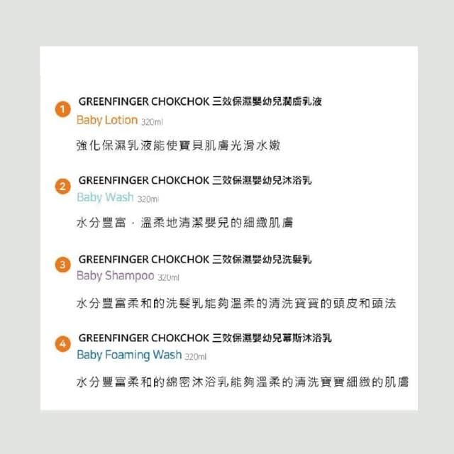【Green Finger 綠手指】三效保濕系列 潤膚乳液 / 沐浴乳 / 沐浴乳慕斯 / 洗髮乳 (超值組合；寶寶共和國)