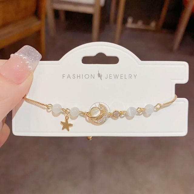 手鍊甜美冷淡風星球月亮貓眼石抽拉式手鏈女 時尚高級感手環 手鏈時尚百搭手鏈手環手鐲可調整大小精緻甜美手鍊情侶手繩送禮禮物